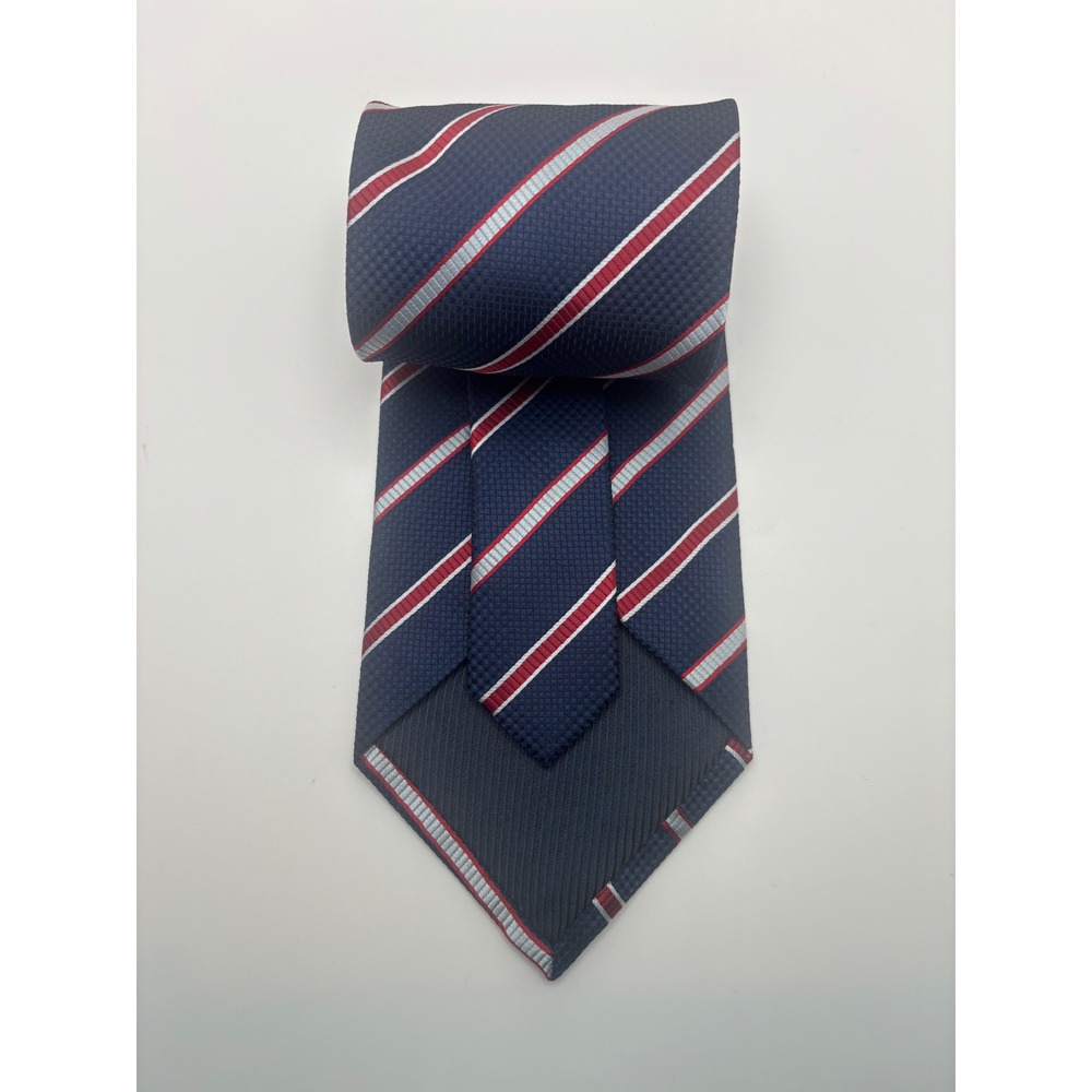Angelino Mens Necktie Navy Blue Red Silver Striped Micro Fiber Hand Made Tie